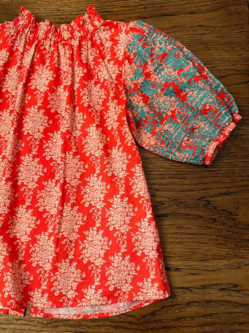 THML Embroidered Puff Sleeve Blouse Medium Coral Turquoise Boho Cotton - Picture 6 of 12